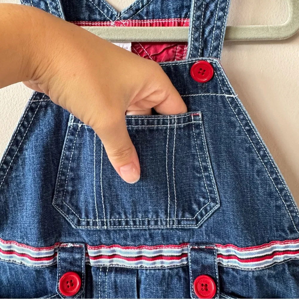 Vintage 2003 Gymboree Toddler Red Buttons Blue Denim‎ Overalls Dress Size 4